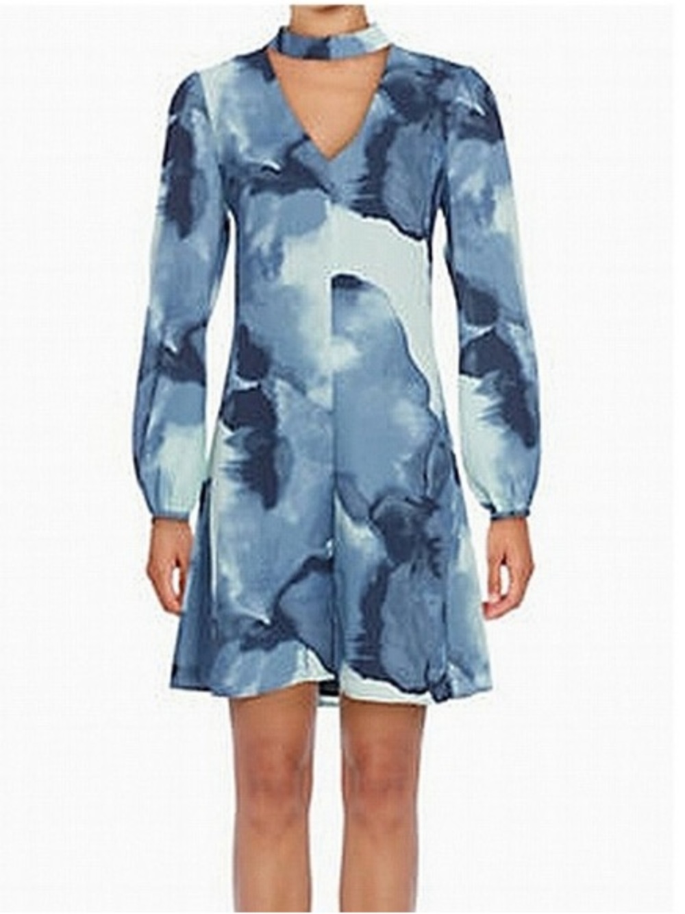 H by Halston Blue Watercolor Print Choker V-Neck Long Sleeve Dress